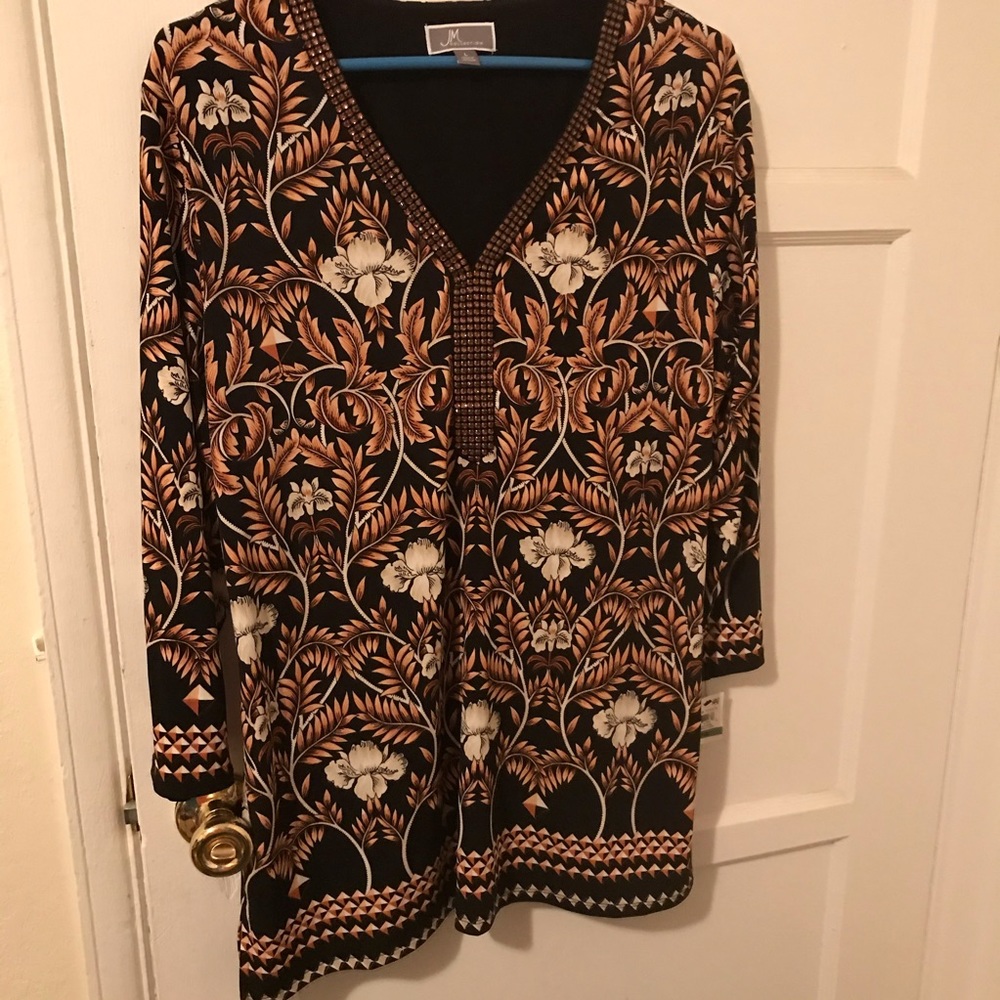 Floral Blouse With Copper Beaded Neckline Sz L